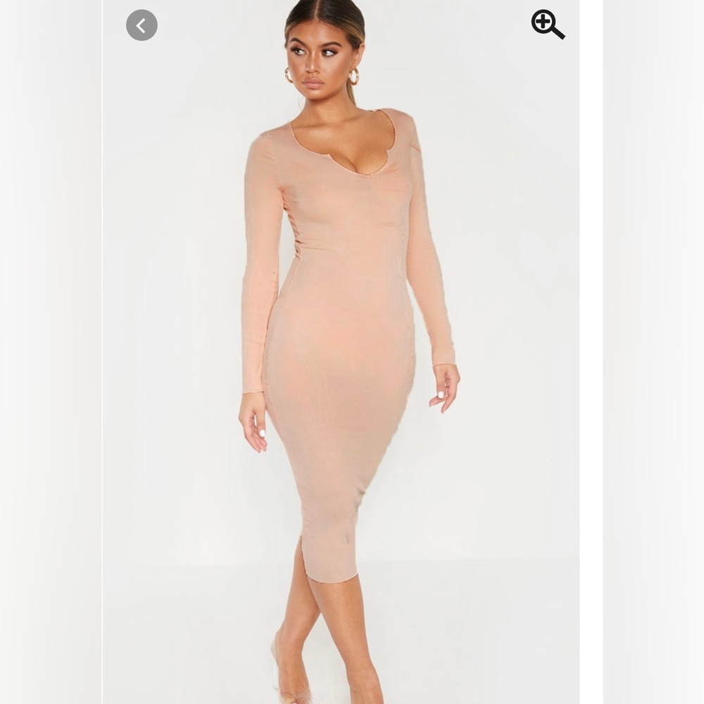 Peach Raw Edge Long Sleeve Rib Midi Dress